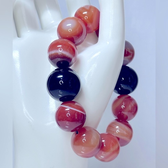ORANGE SARDONYX + BLACK ONYX NATURAL STONES BRACELET size 7” - Picture 6 of 15